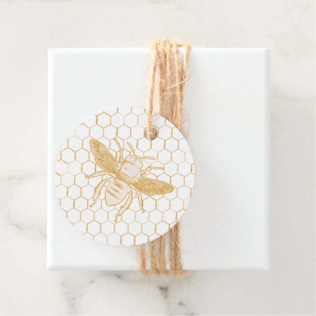 Étiquettes Cadeau Abeille dorée et nid d'abeille (En situation)