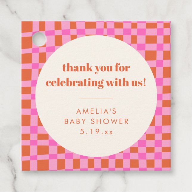 Étiquettes Cadeau Abstract Checker Pink Custom Baby Shower Thank (Devant)