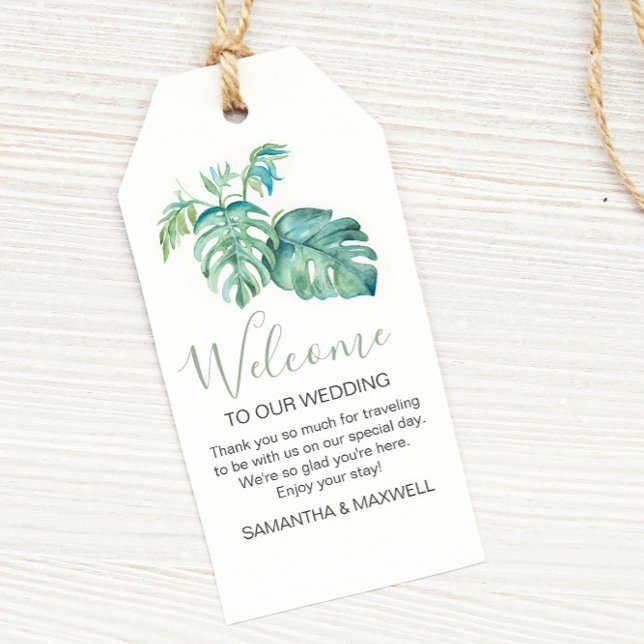 Étiquettes-cadeau Accueil de verdure tropicale moderne aquarelle (Tropical destination wedding theme monstera palm leaf watercolor art by Victoria Grigaliunas)