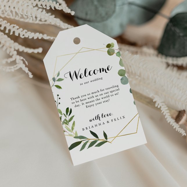 Étiquettes-cadeau Accueil Mariage vert Tropical Géométrique Or (Créateur téléchargé)