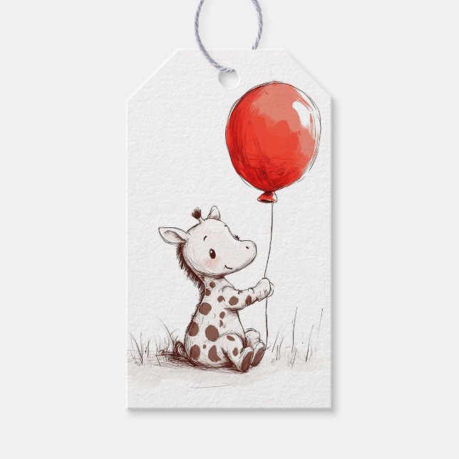 Étiquettes-cadeau adorable Giraffe de bébé avec ballon rouge (Devant)