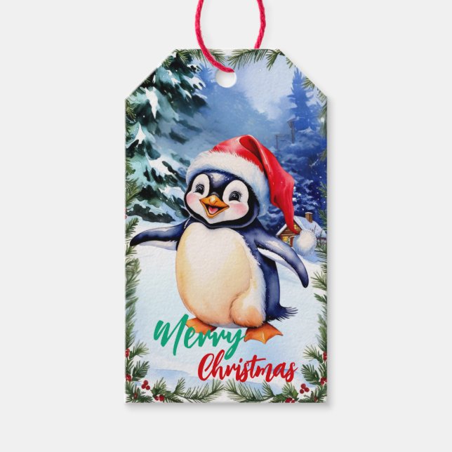 Étiquettes-cadeau adorable Joyeux Noël blanc hiver Penguin (Devant)
