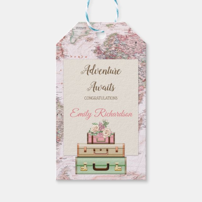 Étiquettes-cadeau Adventure Await World Travel Map Feminine (Devant)