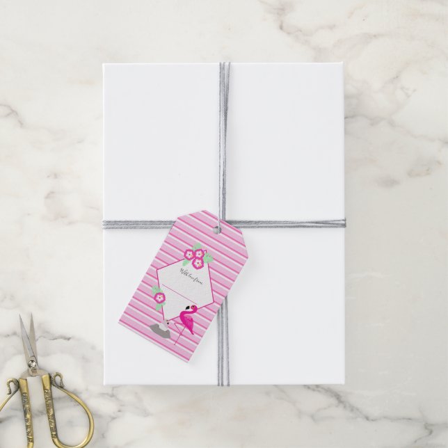 Étiquettes-cadeau Afficher la douche rayures graphiques flamingo (Avec de la ficelle)