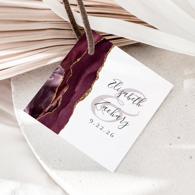 Étiquettes Cadeau Agate Géode Script Mariage Or Bourgogne (Créateur téléchargé)
