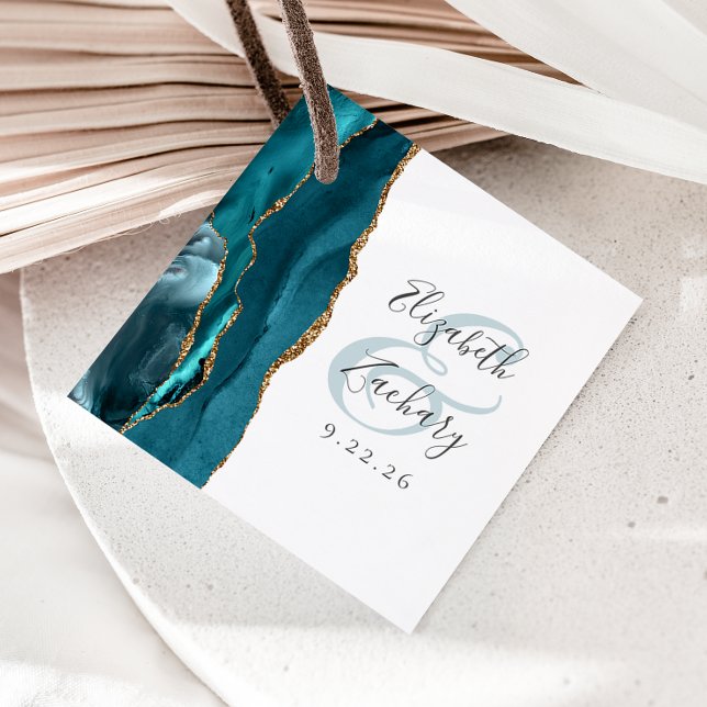 Étiquettes Cadeau Agate Geode Script Turquoise Gold Mariage (Créateur téléchargé)