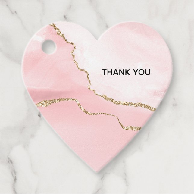 Étiquettes Cadeau Agate Rose Pâle avec Ruban Doré Merci (Devant)