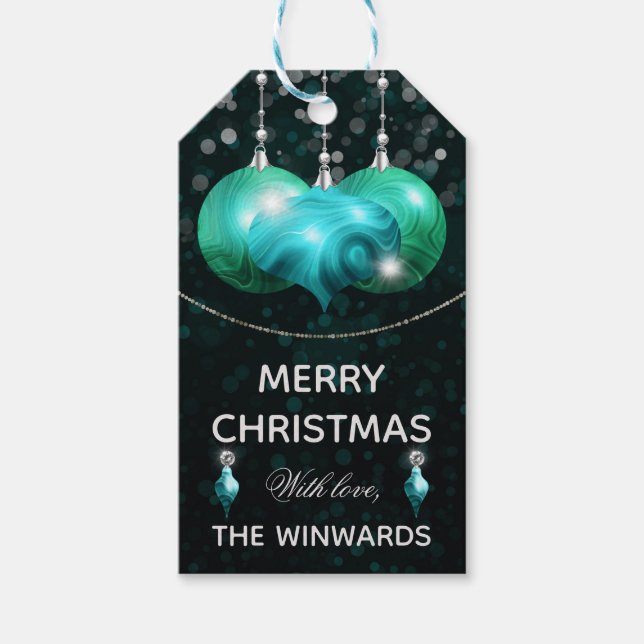 Étiquettes-cadeau Agate Turquoise & argent Baubles Joyeux Noël (Devant)