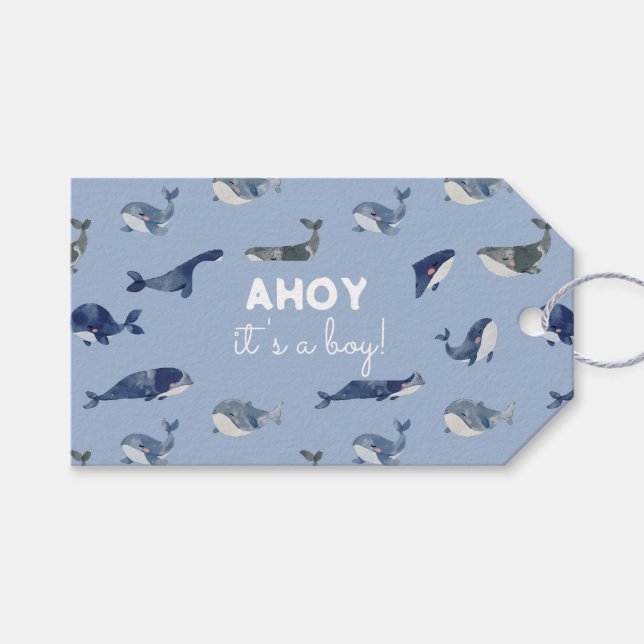 Étiquettes-cadeau AHOY C'est un Baby shower de baleines (Devant (Horizontal))