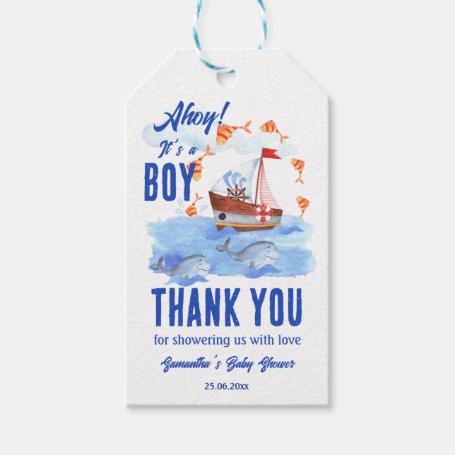 Étiquettes-cadeau Ahoy c'est un garçon baby shower nautique merci (Devant)
