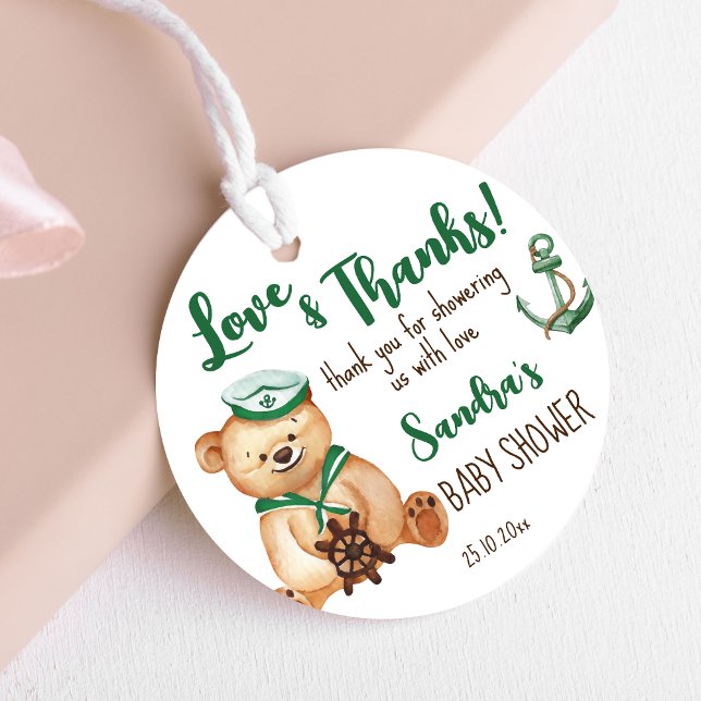 Étiquettes Cadeau Ahoy c'est un garçon en peluche baby shower merci (Ahoy it's a boy nautical marine baby shower favor gift tags cute teddy with a sailor cap green brown)