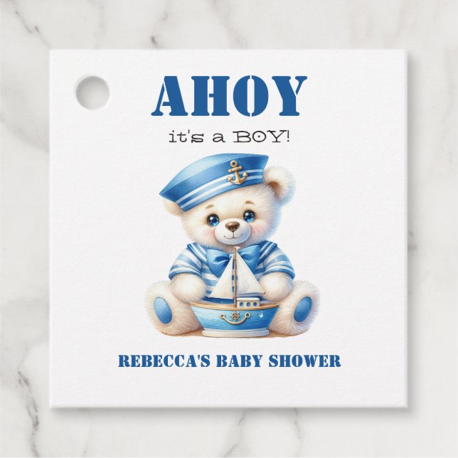 Étiquettes Cadeau Ahoy Nautical Blue Sailor Bear Baby shower (Devant)