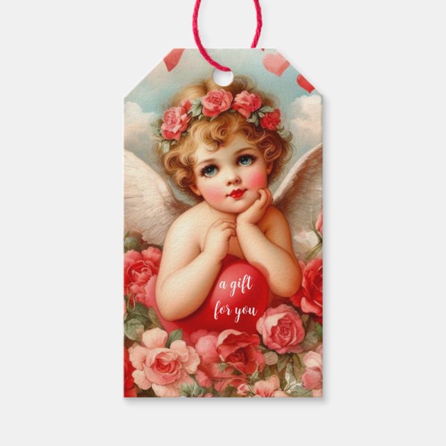 Étiquettes-cadeau Aimer les anges Cherub avec le coeur rouge (Devant)