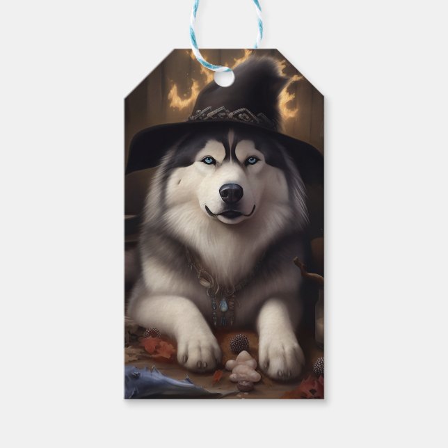 Étiquettes-cadeau Alaskan Malamute Citrouilles Halloween effrayant (Devant)
