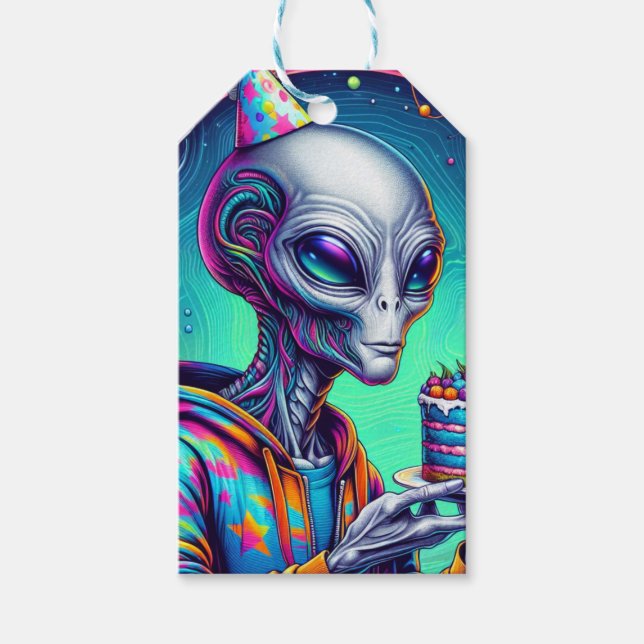Étiquettes-cadeau Alien tenant Birthday Cake (Devant)