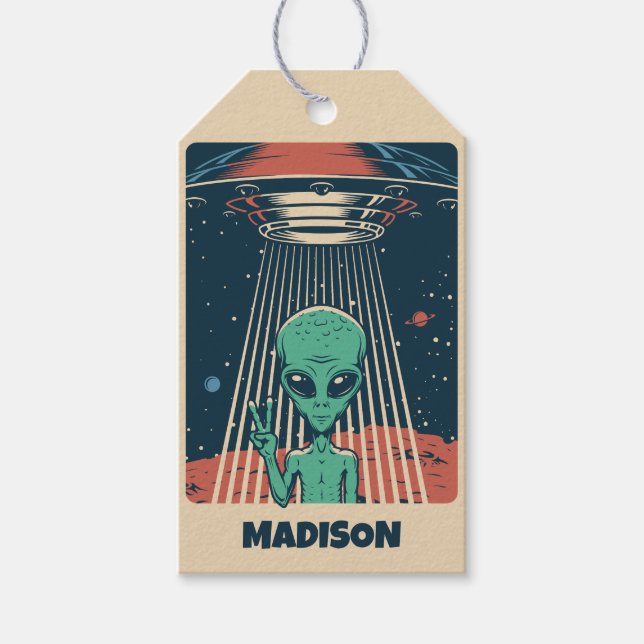 Étiquettes-cadeau Alien UFO de nom personnalisé (Devant)