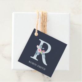 ÉTIQUETTES CADEAU ALPHABÈTES FLORAUX BLEUS MARINE NOIR LETTRE R