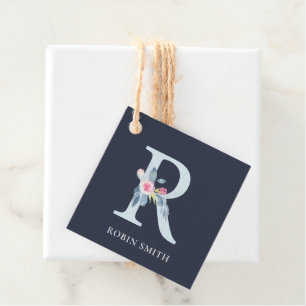 ÉTIQUETTES CADEAU ALPHABÈTES FLORAUX BLEUS MARINE NOIR LETTRE R