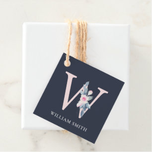 ÉTIQUETTES CADEAU ALPHABÈTES FLORAUX BLEUS MARINE NOIR LETTRE W