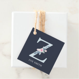 ÉTIQUETTES CADEAU ALPHABÈTES FLORAUX BLEUS MARINE NOIR LETTRE Z