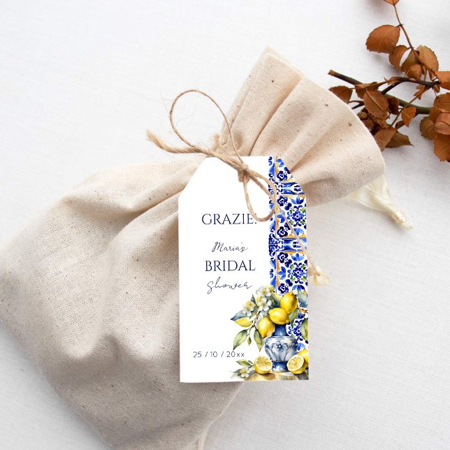 Étiquettes-cadeau Amalfi bleu tuiles italiennes citrons merci pour (Amalfi Italian Vietri ceramics blue tiles lemons bridal shower thank you favor Gift Tags )