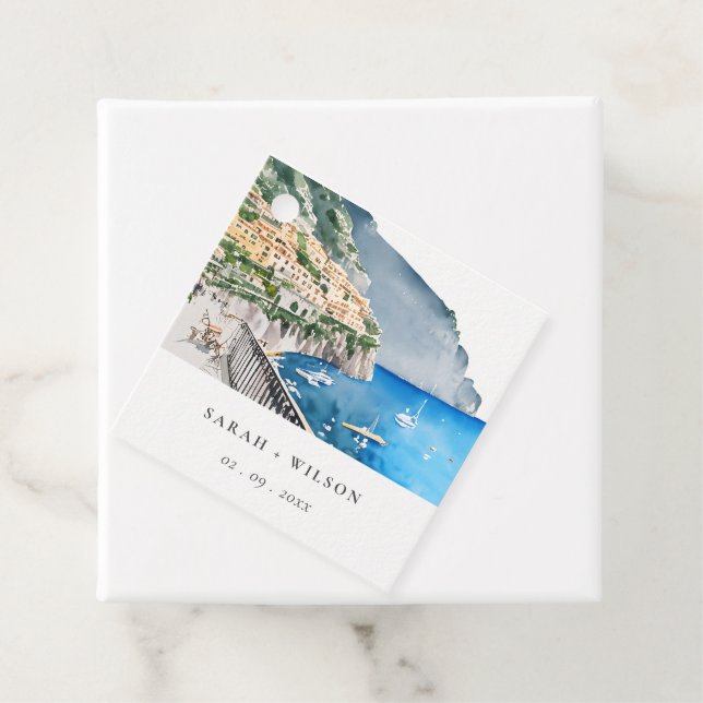 Étiquettes Cadeau Amalfi Coast Italie Aquarelle Mariage Paysage (En situation)