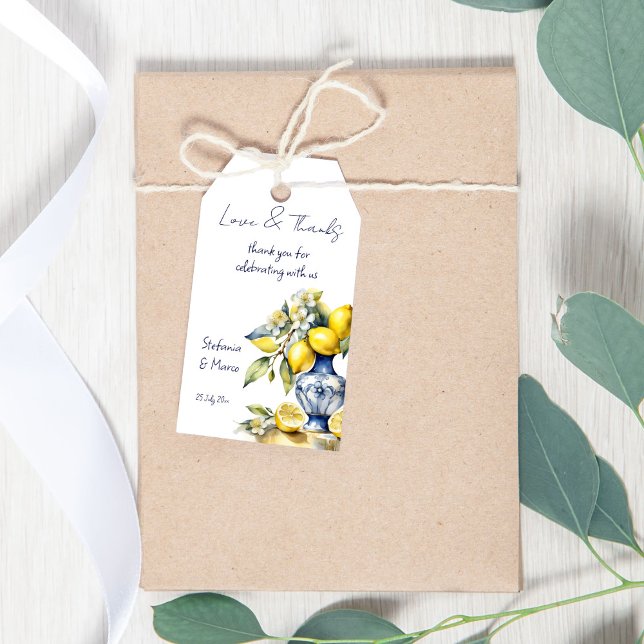 Étiquettes-cadeau Amalfi Italien bleu tuiles citrons mariage faveurs (Amalfi Italian blue tiles lemons wedding favors printed personalized thank you favor Gift Tags)