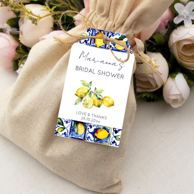 Étiquettes-cadeau Amalfi Majolica tuiles bleues citrons douche nupti (Blue tiles lemons Majolica tiles Amalfi Sicialian bridal shower favor gift tags watercolor favor tag)