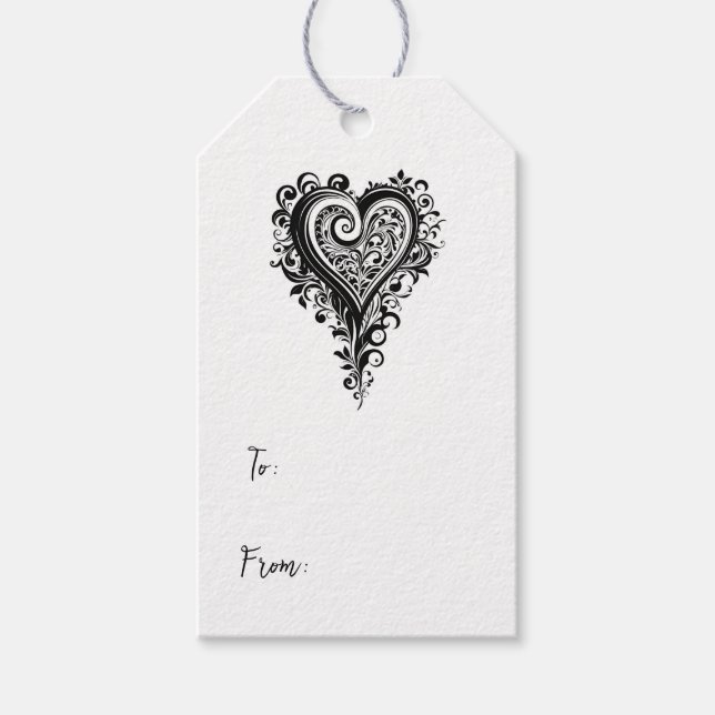 Étiquettes-cadeau Amour - Coeur noir et blanc élégant (Devant)
