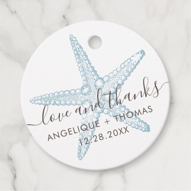Étiquettes Cadeau Amour et Merci Blue Starfish Beach Mariage (Devant)