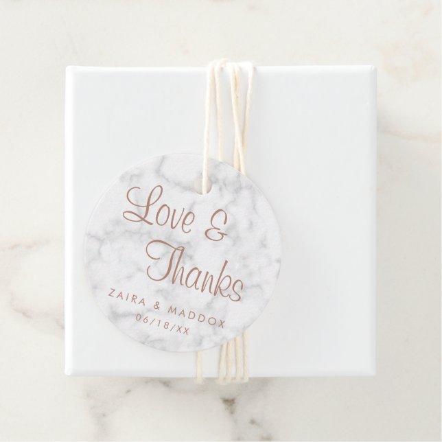 Étiquettes Cadeau Amour et Merci Modern Marble Rose Mariage or (En situation)