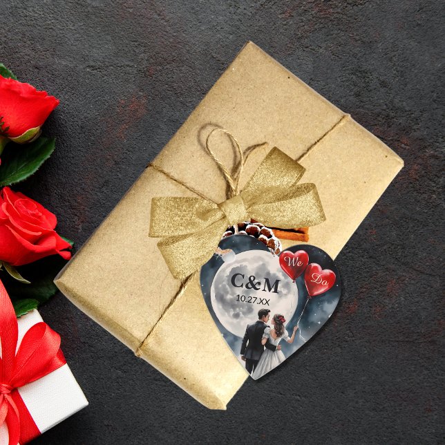 Étiquettes Cadeau Amour romantique sur Cloud Neuf Mariage Fairytale (Front view romantic red heart balloons lovers on cloud nine midnight sky – Wedding favor tag)