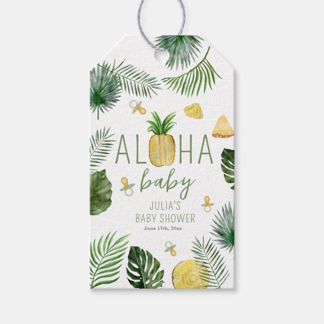 Étiquettes-cadeau Ananas & Pacificateurs Aloha Baby shower vert (Devant)