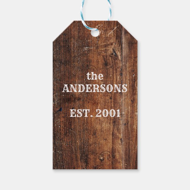Étiquettes-cadeau Ancien bois rustique nom de famille personnalisé (Devant)
