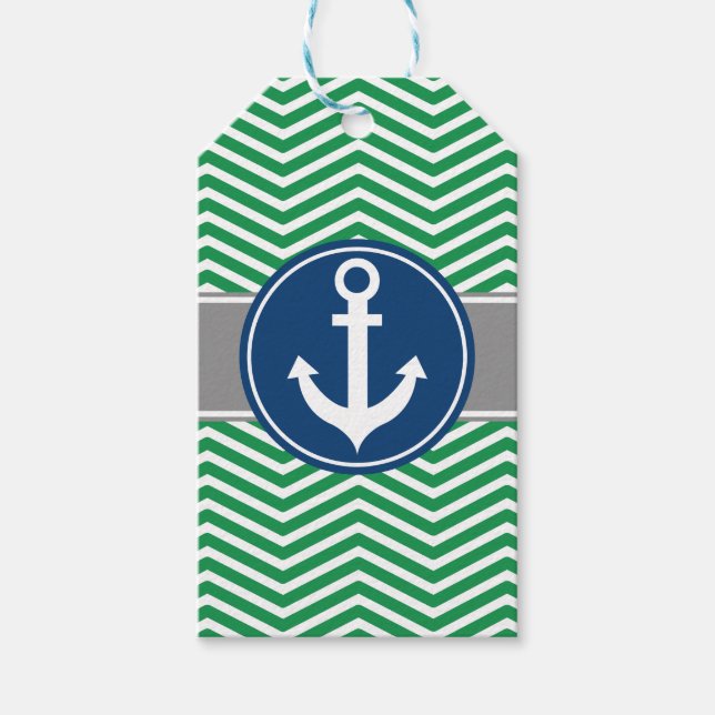 Étiquettes-cadeau Ancre marine verte Chevron (Devant)
