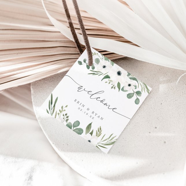Étiquettes Cadeau Anémones modernes et Dusty Green Eucalyptus Mariag (Créateur téléchargé)
