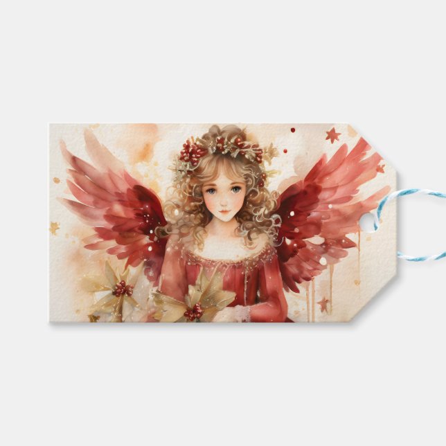 Étiquettes-cadeau Ange avec ailes rouges Noël (Devant (Horizontal))