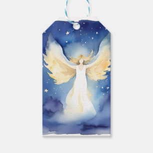 Étiquettes-cadeau ange bleu et or, étoiles, céleste,