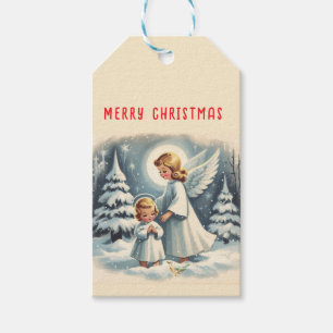 Étiquettes-cadeau Ange de Noël vintage, enfant et oiseau