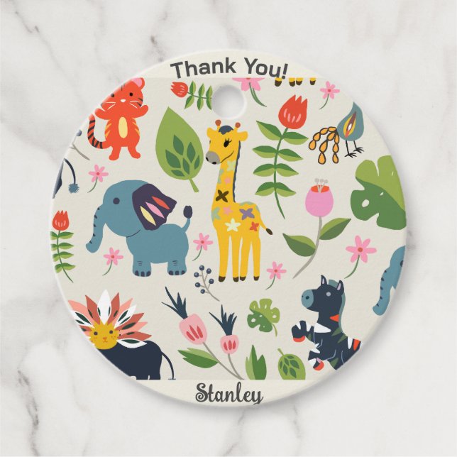 Étiquettes Cadeau Animau Jungle Pastel Leaf Motif Merci (Devant)