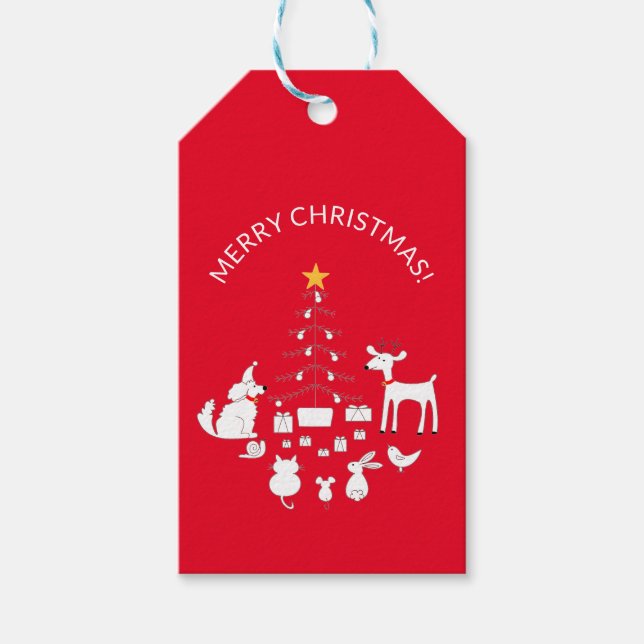 ÉTIQUETTES-CADEAU ANIMAUX ADORABLES DE NOËL ARBRE ROUGE CADEAU (Devant)