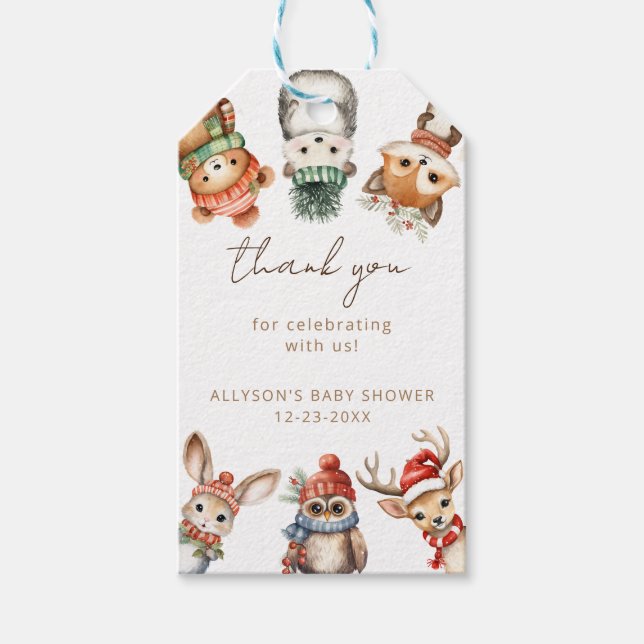 Étiquettes-cadeau Animaux des bois baby shower d'hiver de Noël (Devant)