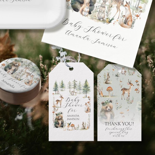 Étiquettes-cadeau Animaux forestiers Ours Cerf mignon Baby shower bo (Créateur téléchargé)