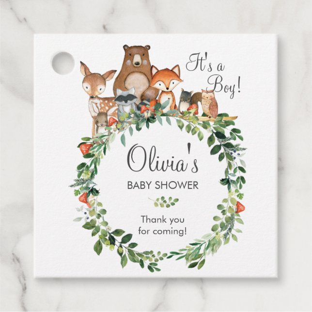 Étiquettes Cadeau Animaux rustiques en bois Baby shower Garçon Merci (Devant)
