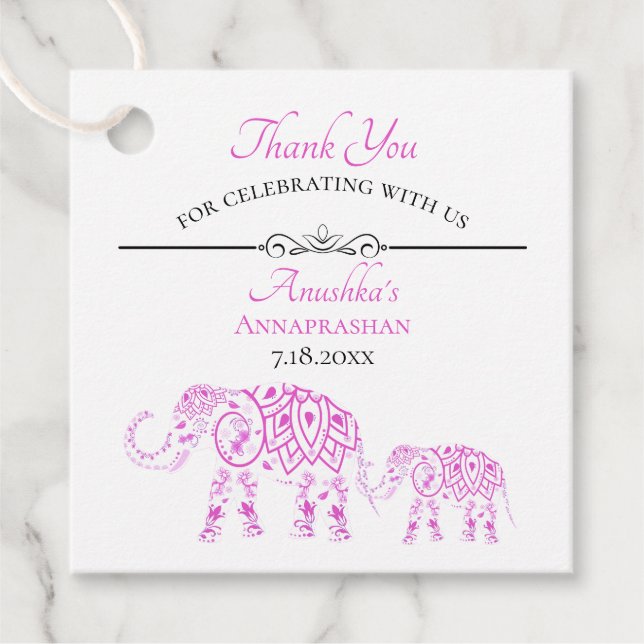 Étiquettes Cadeau Annaprashan, Eléphants roses | Premier riz (Devant)