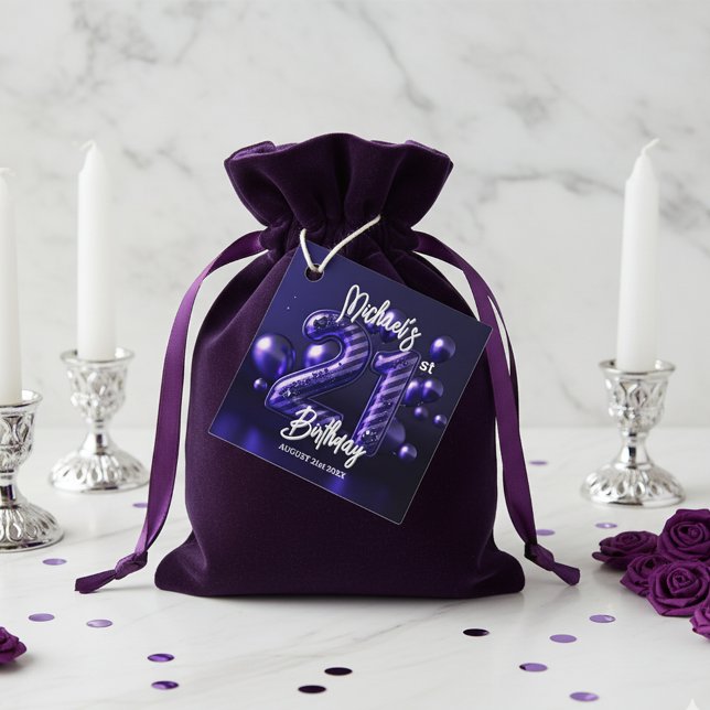 Étiquettes Cadeau Anniversaire 21 ans rayé métallisé violet Glamour  (Créateur téléchargé)