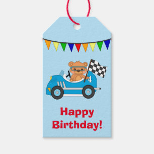 Étiquettes-cadeau Anniversaire bleu de course d'ours de voiture