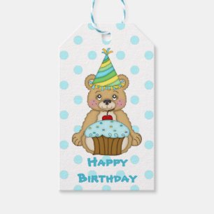 Étiquettes-cadeau Anniversaire bleu mignon d'ours de Polkadot
