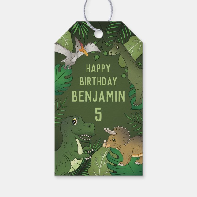 Étiquettes-cadeau Anniversaire de enfant Dinosaures Vert Avec Nom Et (Devant)