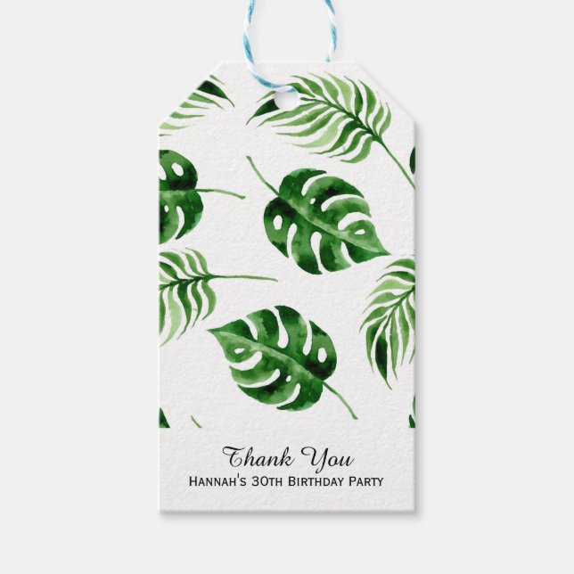 Étiquettes-cadeau Anniversaire de la feuille de palme tropicale (Devant)
